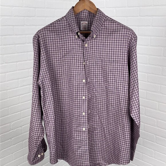 Brooks Brothers Shirt‎ Mens Large Purple Pink Gingham Check Plaid OCBD Non Iron - Picture 2 of 9